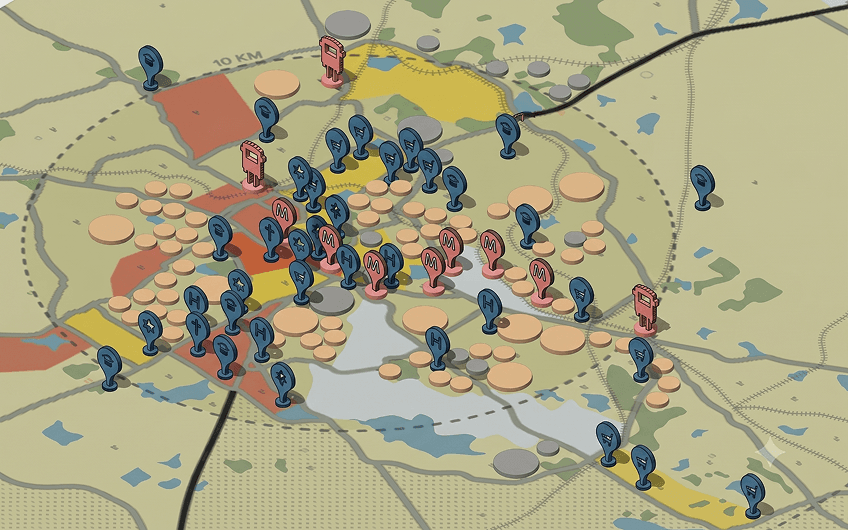 Urban simulation game board with pieces