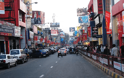 Dense commercial street in an Indian city