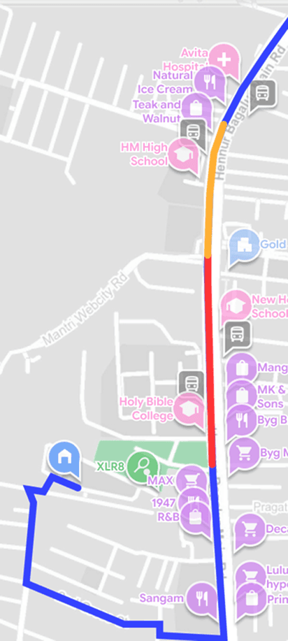 Street-scale navigation map with route selection