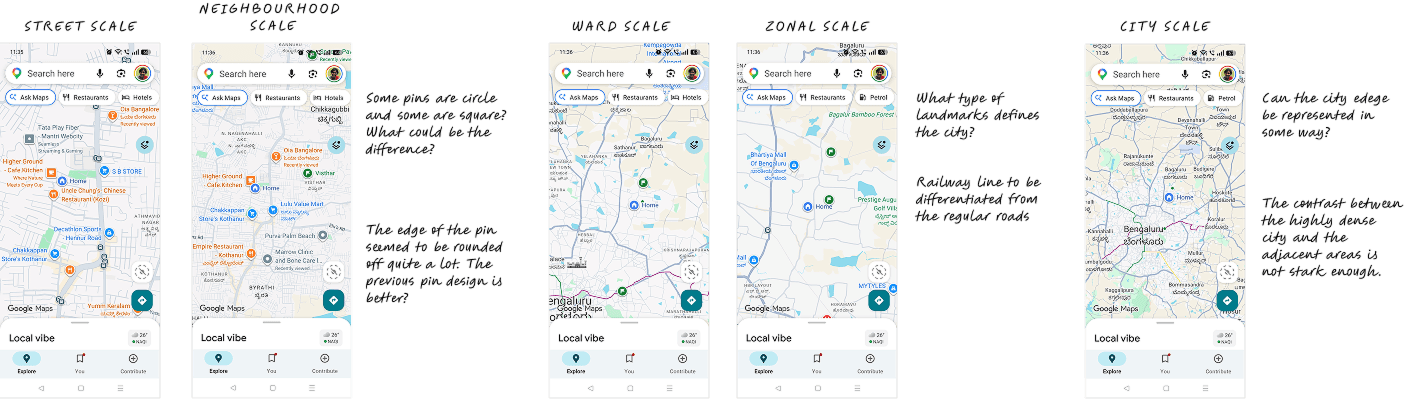 Visual analysis of Google Maps across street, neighbourhood, ward, zonal, and city scales